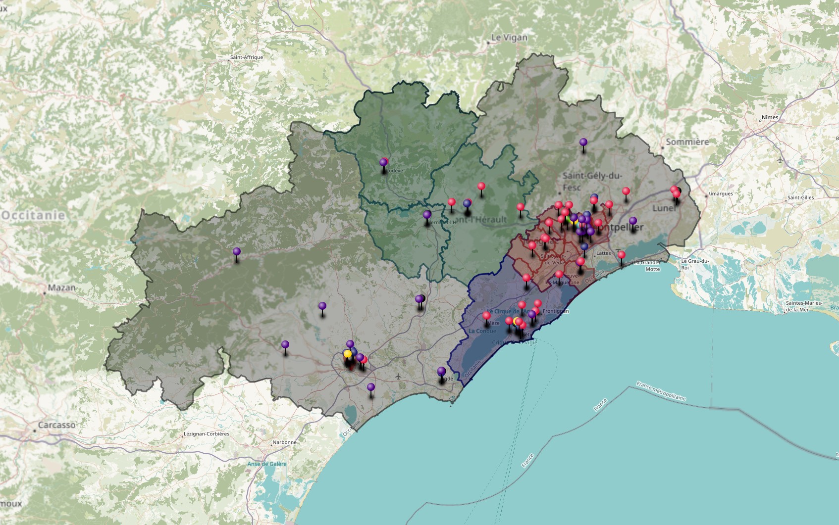 Carte des implantations Via Voltaire en Occitanie