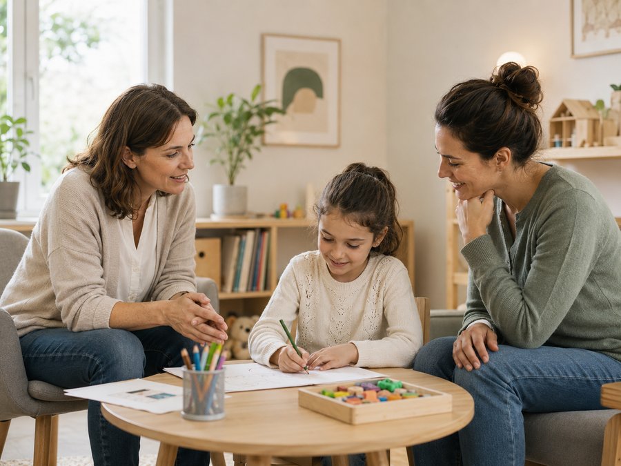Atelier dessin : deux accompagnantes avec une enfant autour d'une table