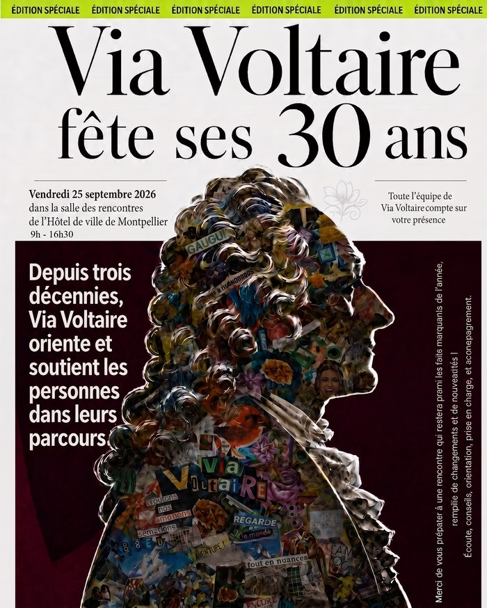 Invitation anniversaire Via Voltaire fête ses 30 ans, vendredi 25 septembre 2026 à Montpellier